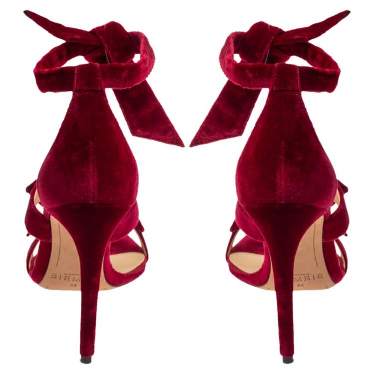 Pre Owned Alexandre Birman Red Velvet Gianna Three Bow Ankle Wrap Sandals Size 38