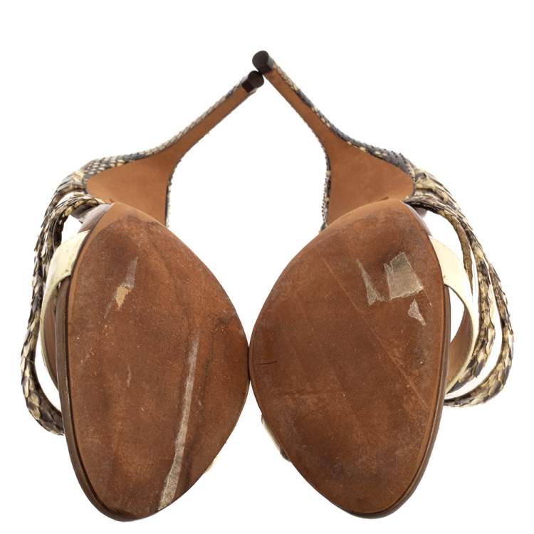 Pre Owned Alexandre Birman Cream/Brown Python, PVC And Leather Sandals Size 38