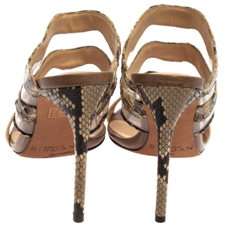 Pre Owned Alexandre Birman Cream/Brown Python, PVC And Leather Sandals Size 38