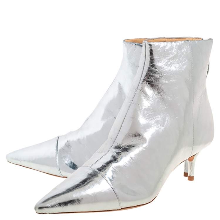 Pre Owned Alexandre Birman Silver Leather Kittie Ankle Boots Size 39
