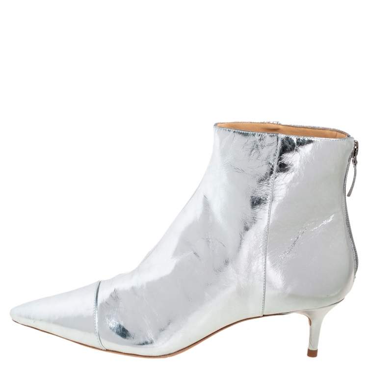 Pre Owned Alexandre Birman Silver Leather Kittie Ankle Boots Size 39