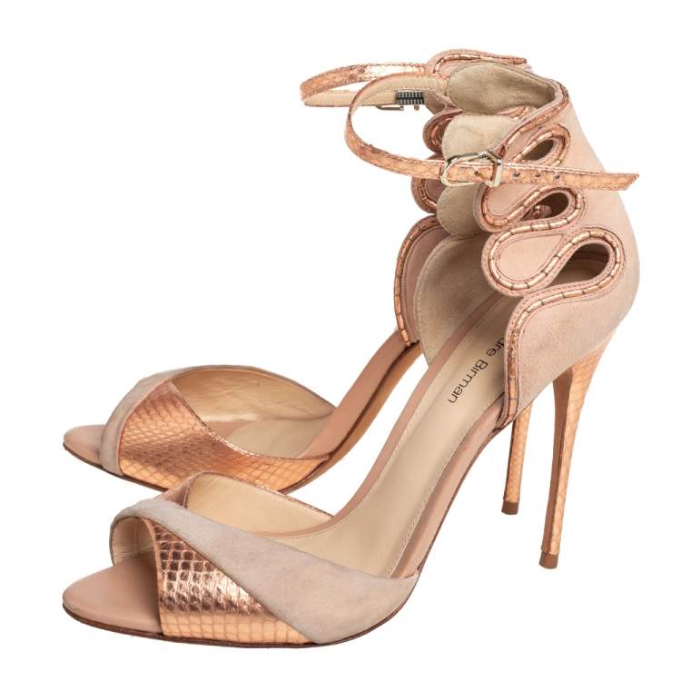 Pre Owned Alexandre Birman Beige/Gold Python Embossed Leather And Suede Ankle Strap Sandals Size 39