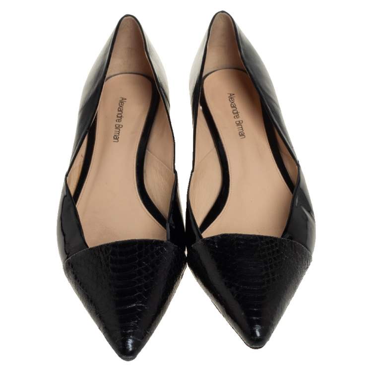 Pre Owned Alexandre Birman Black Python And Patent Leather Pointed Toe Ballet Flats Size 38.5   