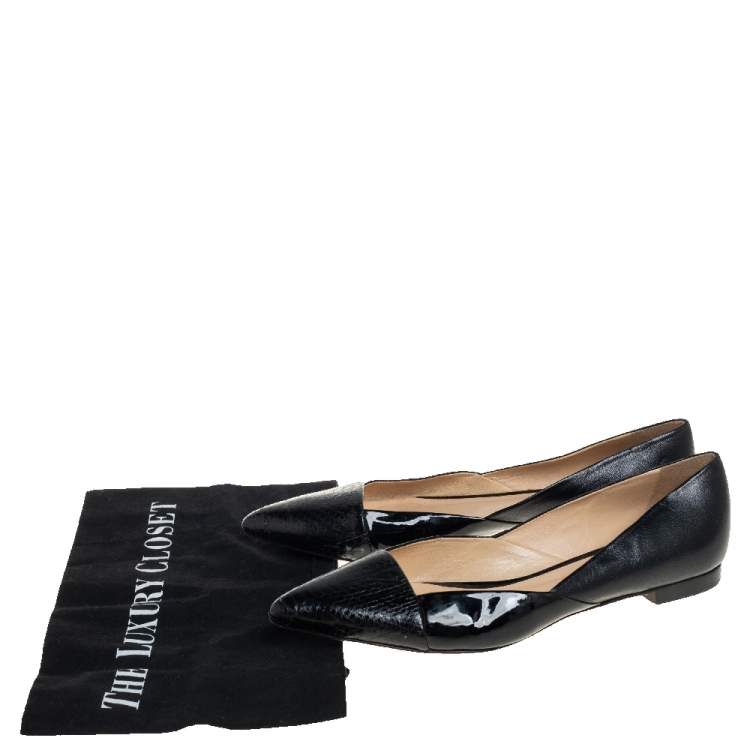 Pre Owned Alexandre Birman Black Python And Patent Leather Pointed Toe Ballet Flats Size 38.5   