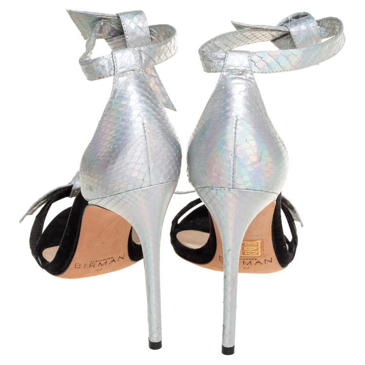 Pre Owned Alexandre Birman Python Embossed Leather And Suede  Bow Ankle Wrap Sandals Size 37