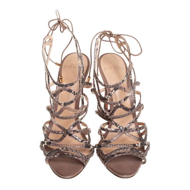 Pre Owned Alexandre Birman Grey/Beige Python Leather Sandals Size 36.5