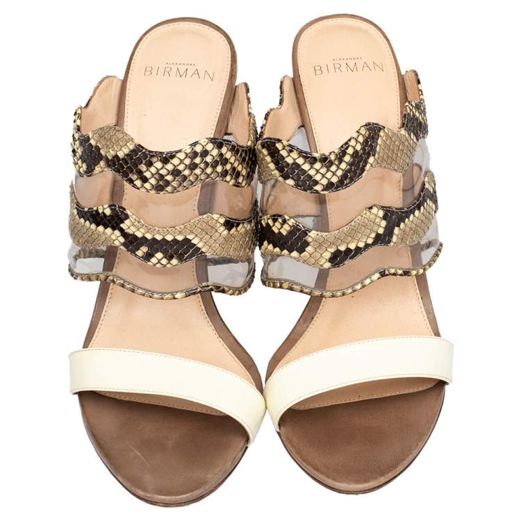 Pre Owned Alexandre Birman Beige/Brown Patent Leather And Python Open Toe Slide Sandals Size 39