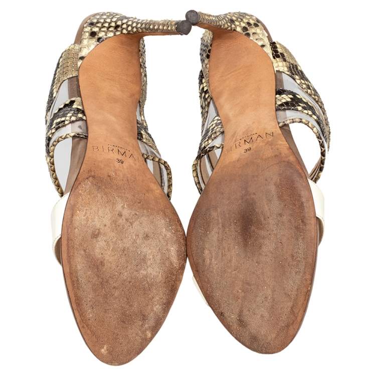 Pre Owned Alexandre Birman Beige/Brown Patent Leather And Python Open Toe Slide Sandals Size 39