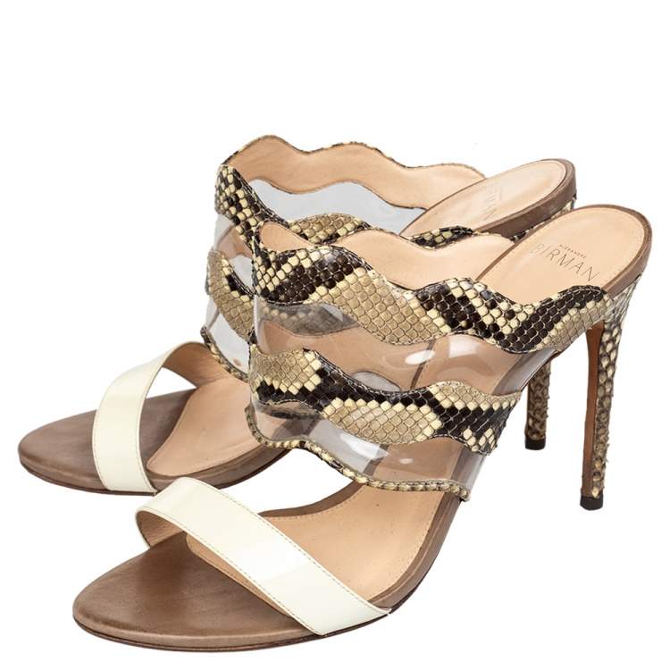 Pre Owned Alexandre Birman Beige/Brown Patent Leather And Python Open Toe Slide Sandals Size 39