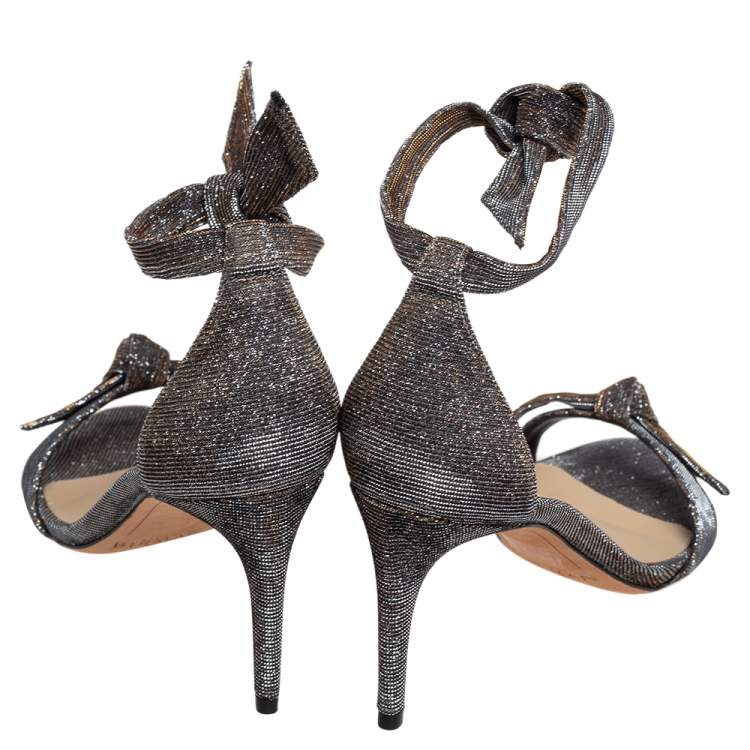 Pre Owned Alexandre Birman Black/Gold Lurex Fabric Clarita Bow Ankle Wrap Sandals Size 38