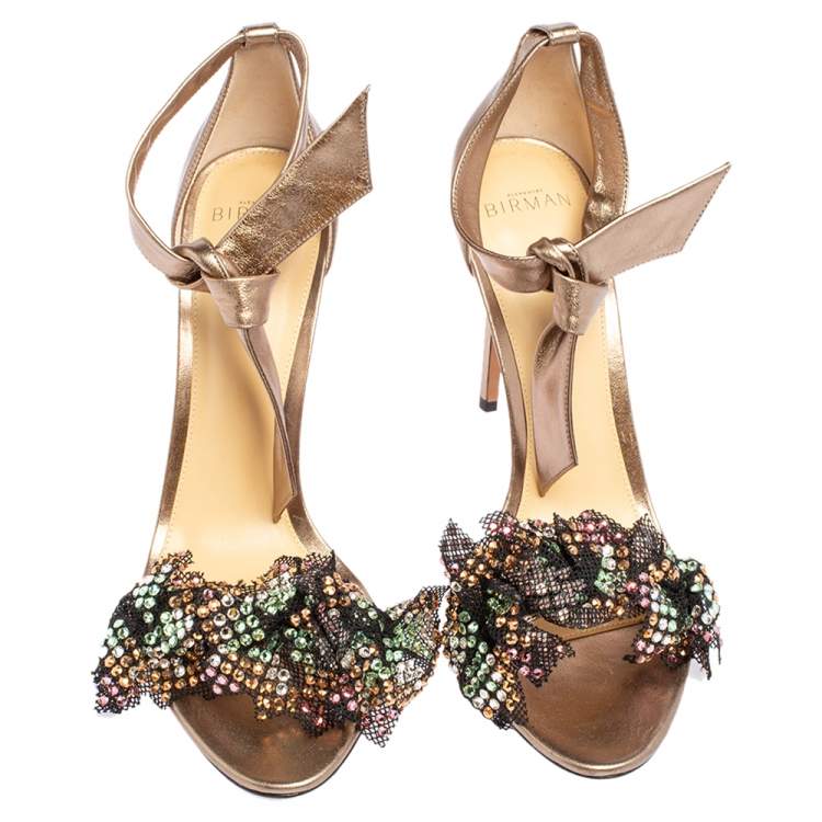 مملوكة مسبقًا Alexandre Birman Metallic Gold Mesh and Leather Clarita Embellished Ankle Tie Sandals Size 40.5