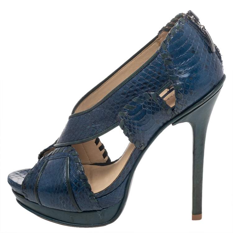 Pre Owned Alexandre Birman Blue/Green Python And Leather Peep Toe Platform Pumps Size 38