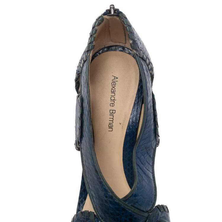 Pre Owned Alexandre Birman Blue/Green Python And Leather Peep Toe Platform Pumps Size 38