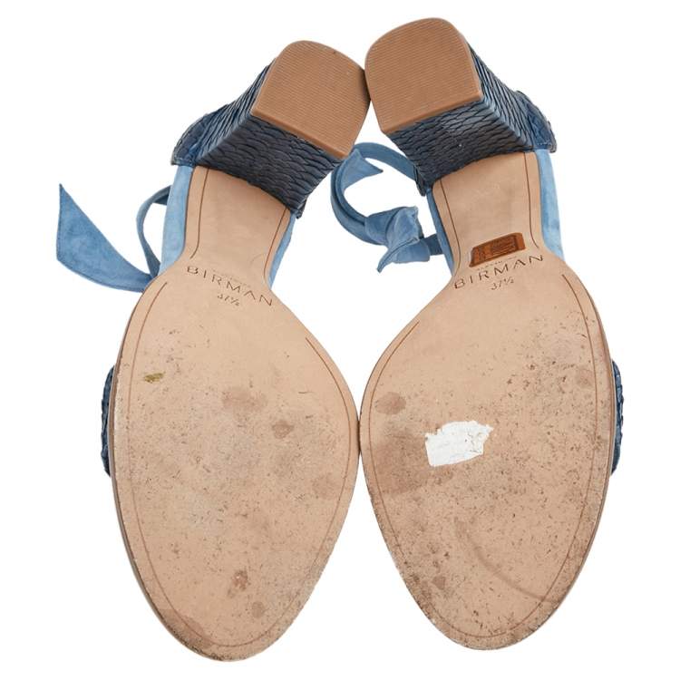 Pre Owned Alexandre Birman Blue Suede, Python Embossed Leather Ankle Wrap  Sandals Size 37.5