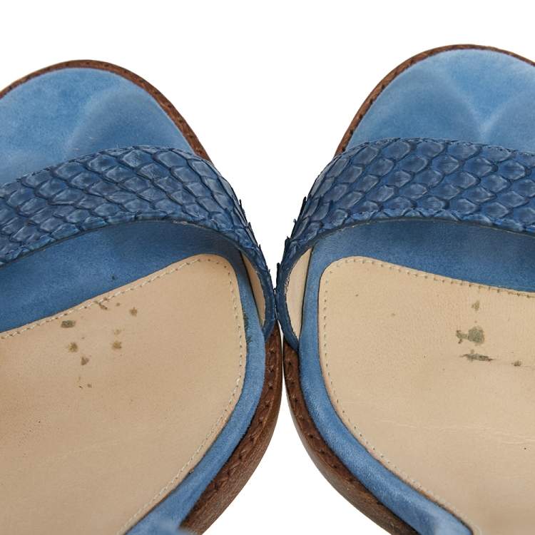 Pre Owned Alexandre Birman Blue Suede, Python Embossed Leather Ankle Wrap  Sandals Size 37.5