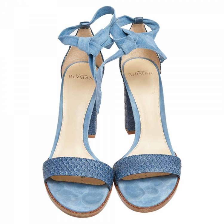 Pre Owned Alexandre Birman Blue Suede, Python Embossed Leather Ankle Wrap  Sandals Size 37.5