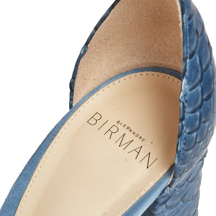 Pre Owned Alexandre Birman Blue Suede, Python Embossed Leather Ankle Wrap  Sandals Size 37.5
