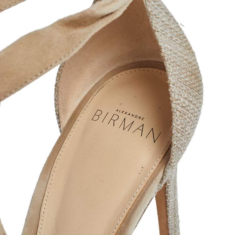 Pre Owned Alexandre Birman Beige Suede and Canvas Clarita Ankle Wrap Sandals Size 39.5