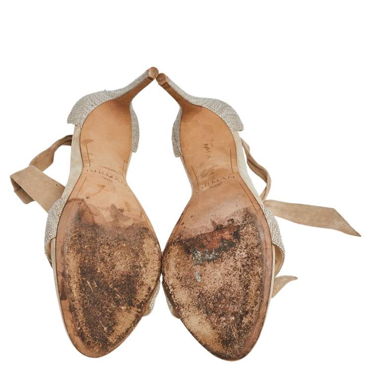 Pre Owned Alexandre Birman Beige Suede and Canvas Clarita Ankle Wrap Sandals Size 39.5