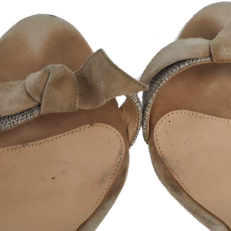 Pre Owned Alexandre Birman Beige Suede and Canvas Clarita Ankle Wrap Sandals Size 39.5