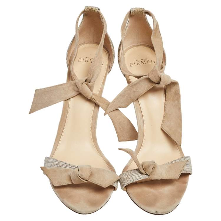 Pre Owned Alexandre Birman Beige Suede and Canvas Clarita Ankle Wrap Sandals Size 39.5