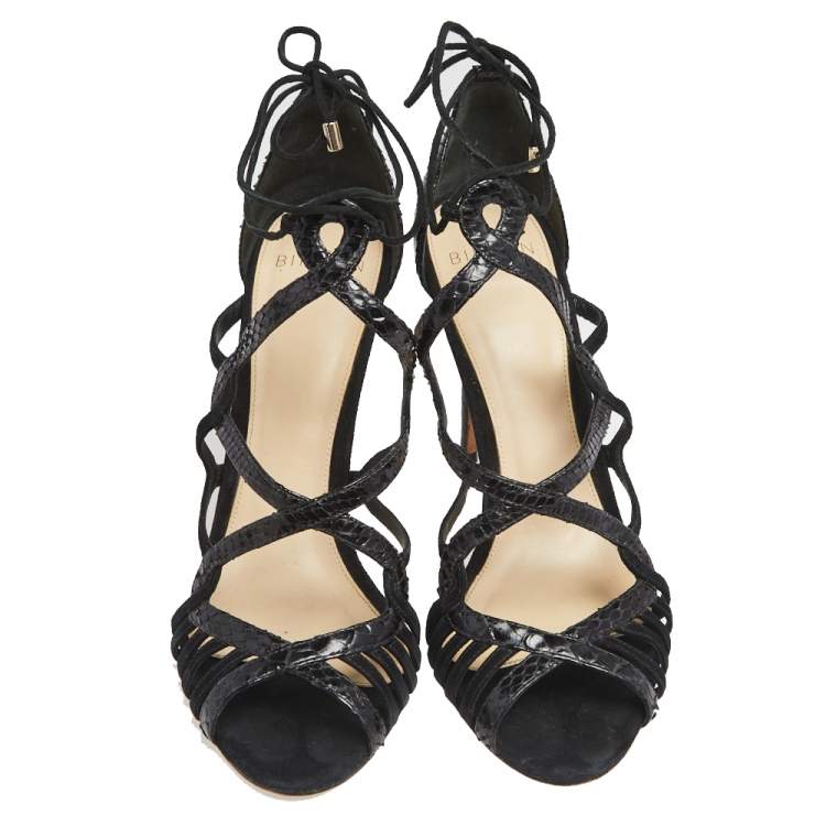 Pre Owned Alexandre Birman Black Suede And Python Leather Strappy Sandals Size 39 
