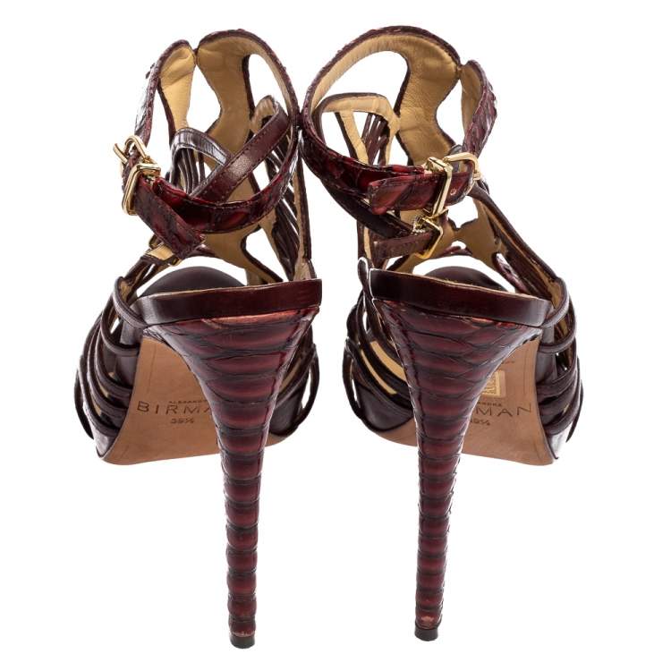 Pre Owned Alexandre Birman Burgundy Python Leather And Leather Caged Zipper Sandals Size 39.5