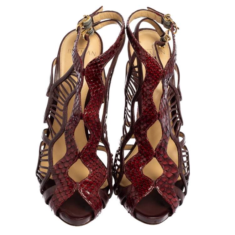Pre Owned Alexandre Birman Burgundy Python Leather And Leather Caged Zipper Sandals Size 39.5
