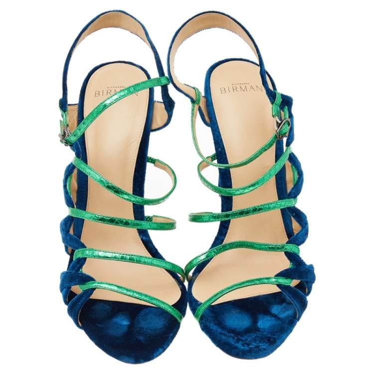 Pre Owned Alexandre Birman Green-Blue Velvet And Snakeskin Nolita Buccata Strappy Sandals Size 41