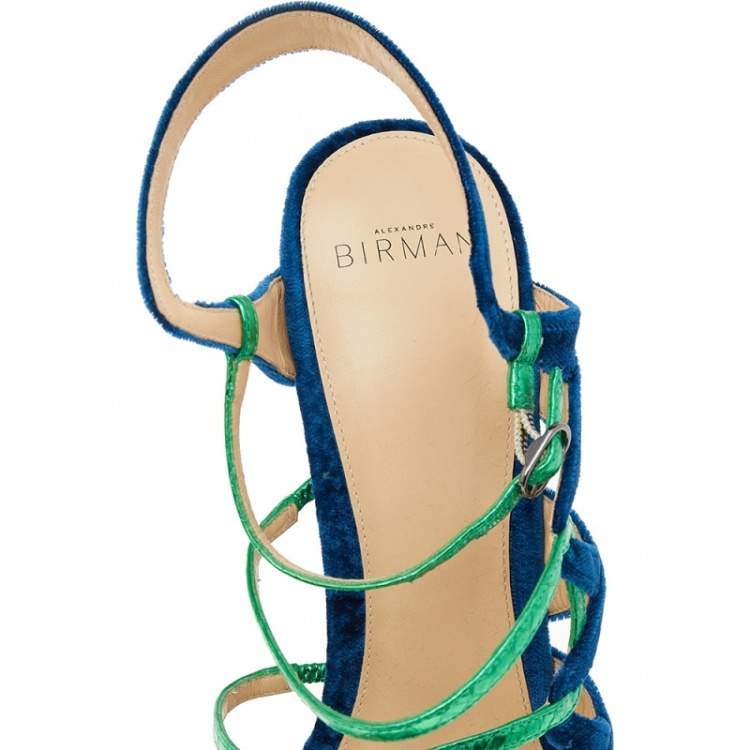 Pre Owned Alexandre Birman Green-Blue Velvet And Snakeskin Nolita Buccata Strappy Sandals Size 41