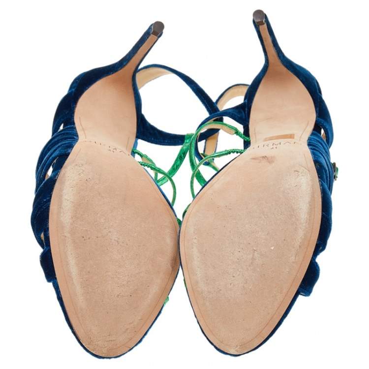 Pre Owned Alexandre Birman Green-Blue Velvet And Snakeskin Nolita Buccata Strappy Sandals Size 41