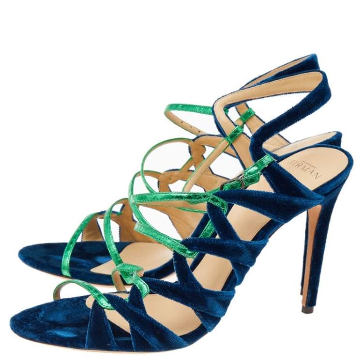 Pre Owned Alexandre Birman Green-Blue Velvet And Snakeskin Nolita Buccata Strappy Sandals Size 41