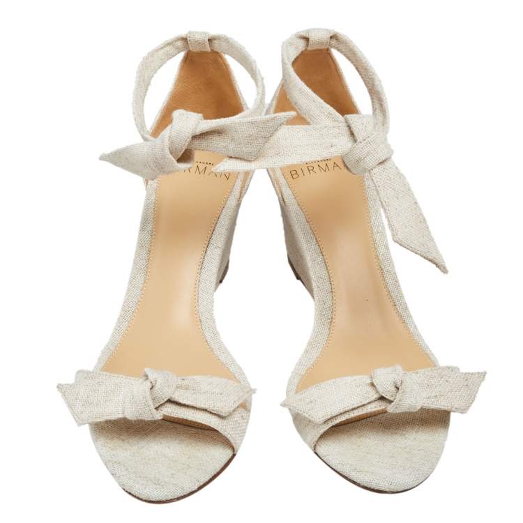 Pre Owned Alexandre Birman Off White Canvas Wedge Ankle Wrap Sandals Size 36