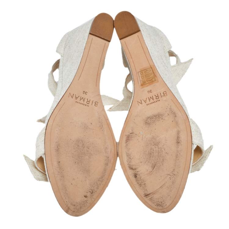 Pre Owned Alexandre Birman Off White Canvas Wedge Ankle Wrap Sandals Size 36
