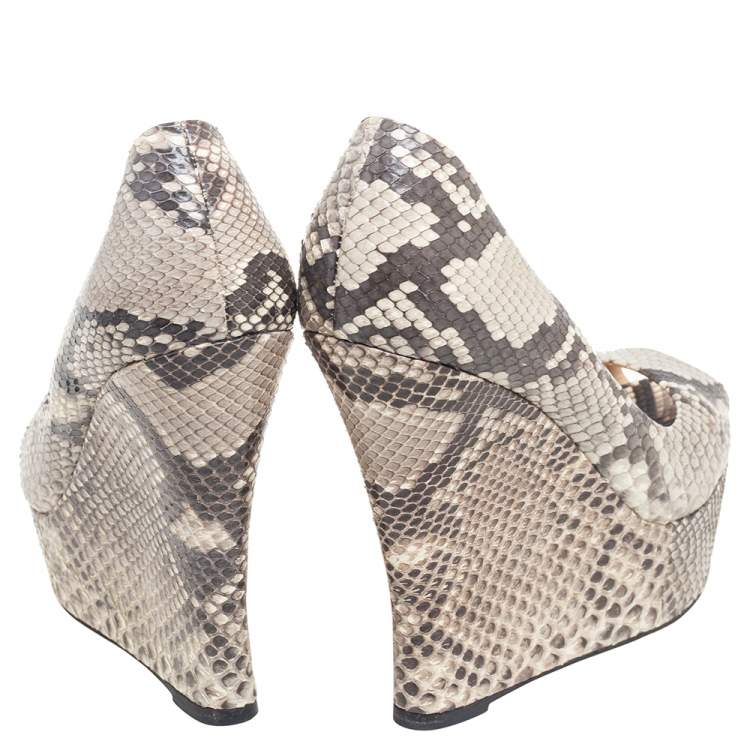 Pre Owned Alexandre Birman Beige Python Leather Peep Toe Wedge Pumps  Size 38.5