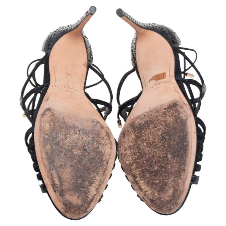Pre Owned Alexandre Birman Black Python and Suede Strappy Sandals Size 39.5 