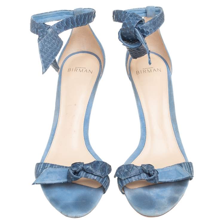 Pre Owned Alexandre Birman Blue Snakeskin Leather and Suede Clarita Ankle-Tie Sandals Size 40