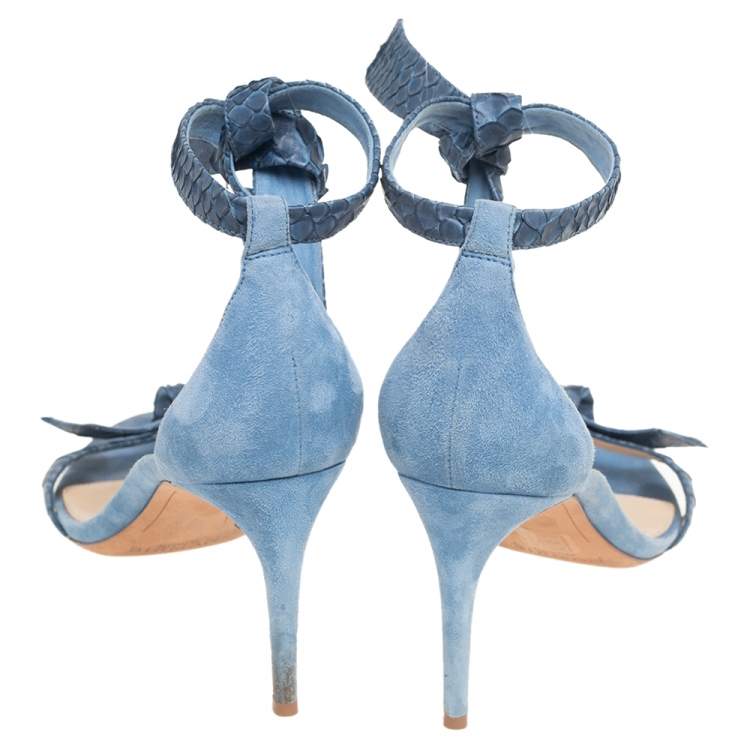 Pre Owned Alexandre Birman Blue Snakeskin Leather and Suede Clarita Ankle-Tie Sandals Size 40