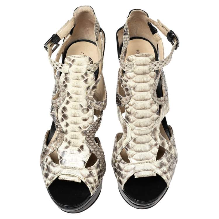Pre Owned Alexandre Birman Beige/Brown Python And Leather Platform Sandals Size 40