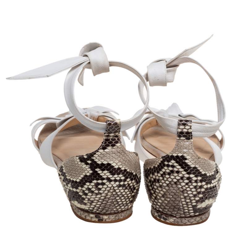 Pre Owned Alexandre Birman White/Brown Python and Knotted Leather Ankle-Wrap Flat Sandals Size 40