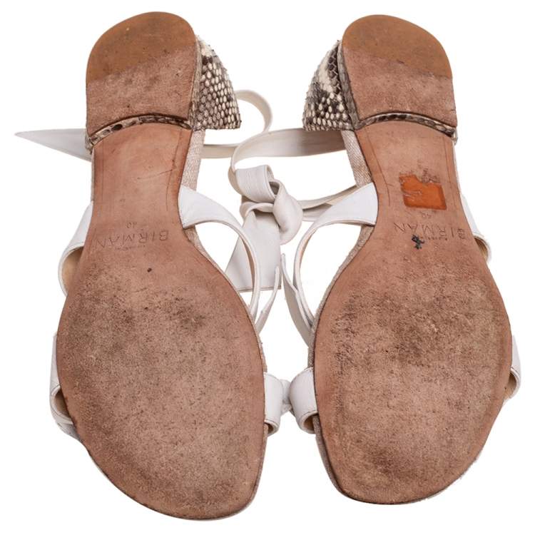 Pre Owned Alexandre Birman White/Brown Python and Knotted Leather Ankle-Wrap Flat Sandals Size 40