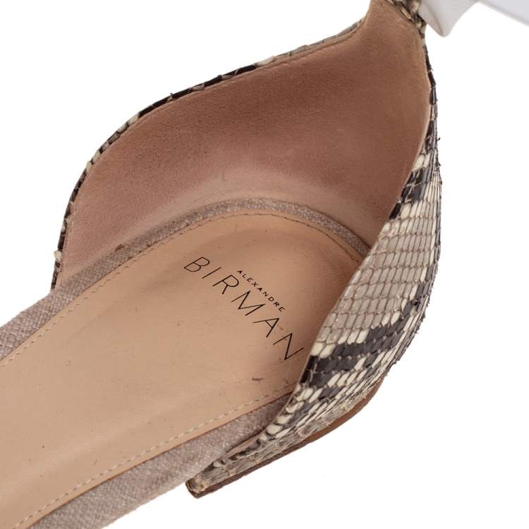 Pre Owned Alexandre Birman White/Brown Python and Knotted Leather Ankle-Wrap Flat Sandals Size 40