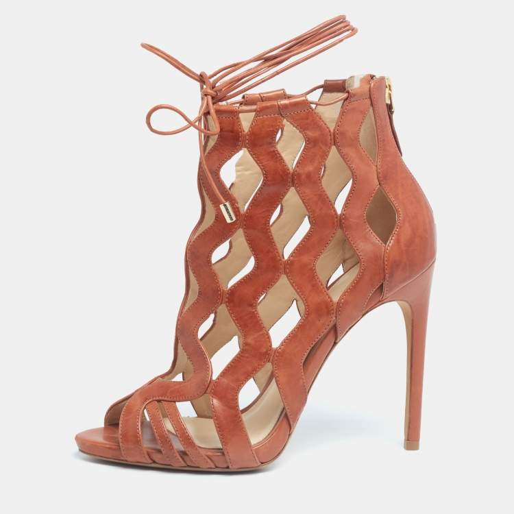 Pre Owned Alexandre Birman Brown Cut-Out Leather Loretta Ankle Booties Size 35.5