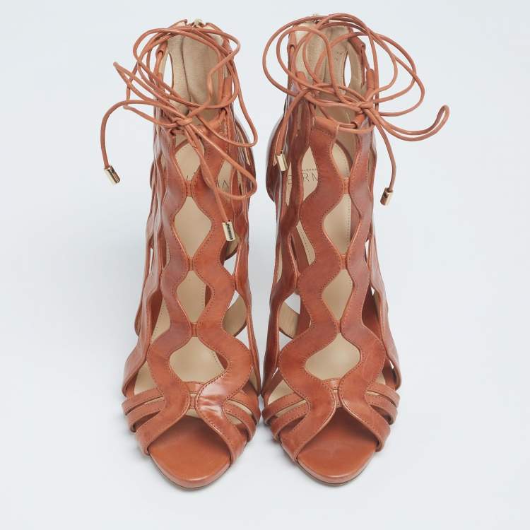 Pre Owned Alexandre Birman Brown Cut-Out Leather Loretta Ankle Booties Size 35.5