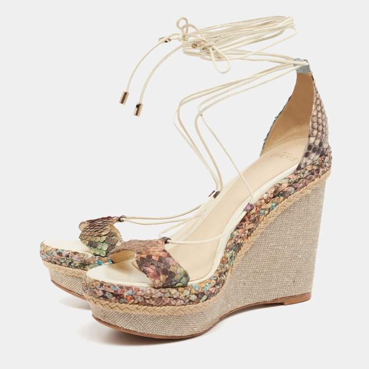 Pre Owned Alexandre Birman Multicolor Python Leather Wedge Ankle Wrap Sandals Size 38