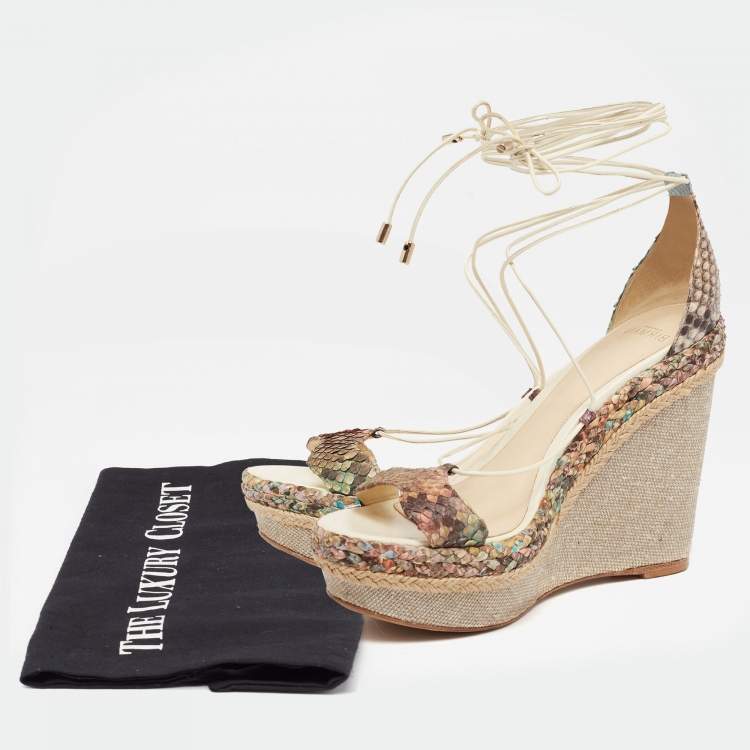 Pre Owned Alexandre Birman Multicolor Python Leather Wedge Ankle Wrap Sandals Size 38