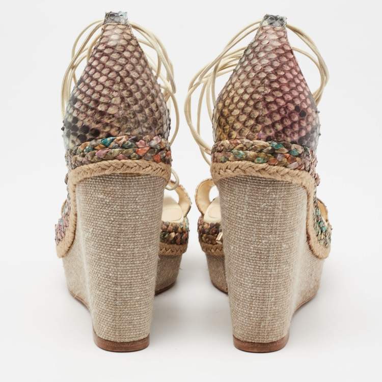 Pre Owned Alexandre Birman Multicolor Python Leather Wedge Ankle Wrap Sandals Size 38