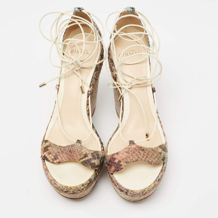 Pre Owned Alexandre Birman Multicolor Python Leather Wedge Ankle Wrap Sandals Size 38