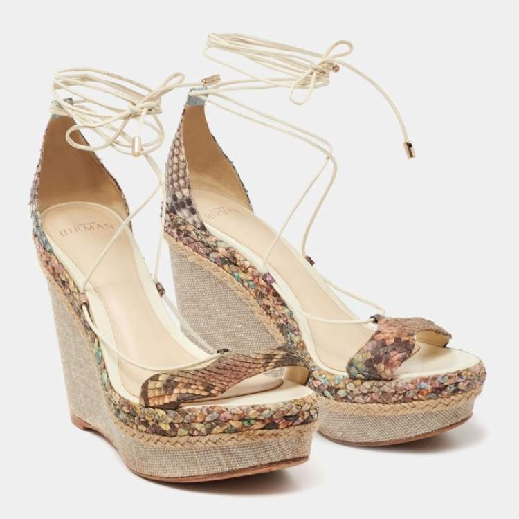 Pre Owned Alexandre Birman Multicolor Python Leather Wedge Ankle Wrap Sandals Size 38