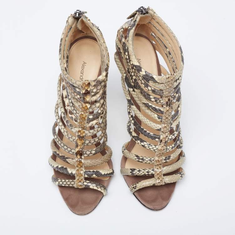 Pre Owned Alexandre Birman Brown/Beige Python Embossed Leather Caged Zipper Sandals Size 37